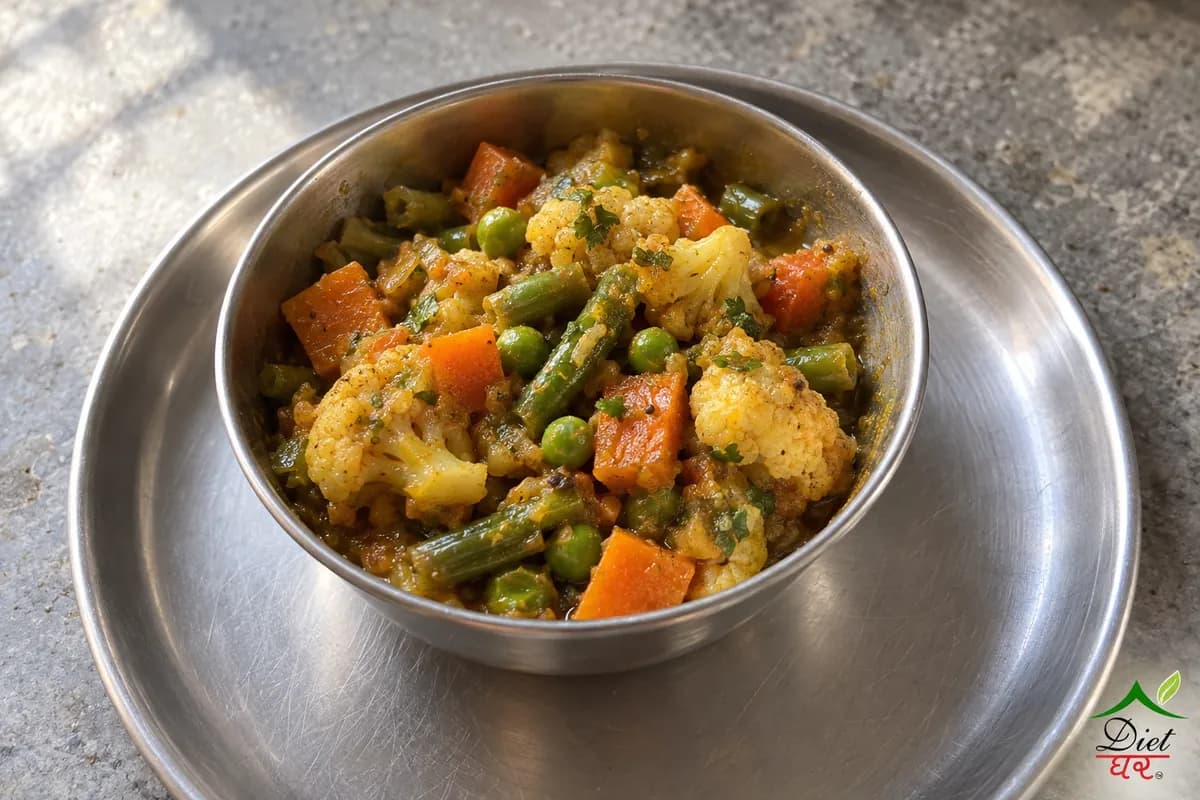 Mixed vegetable sabzi, photographed as one steel katori of mixed vegetable sabzi, in a home kitchen