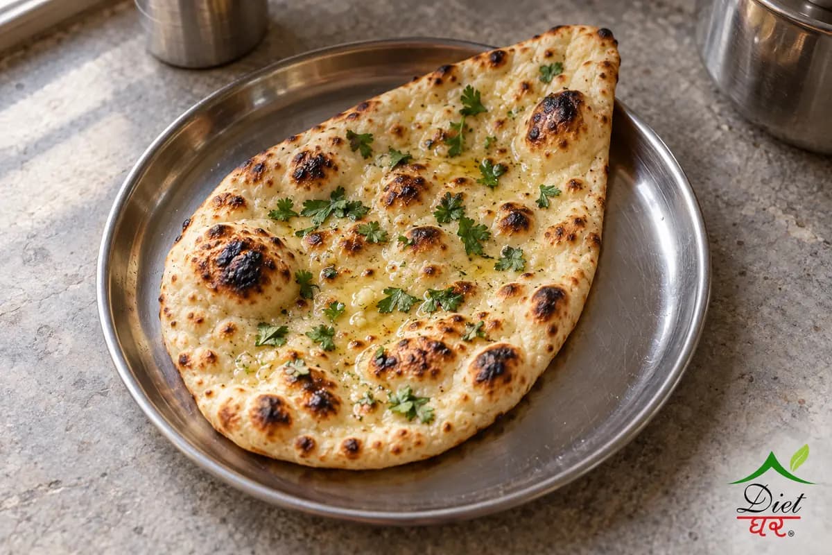 Naan, photographed as one teardrop shaped naan, in a home kitchen