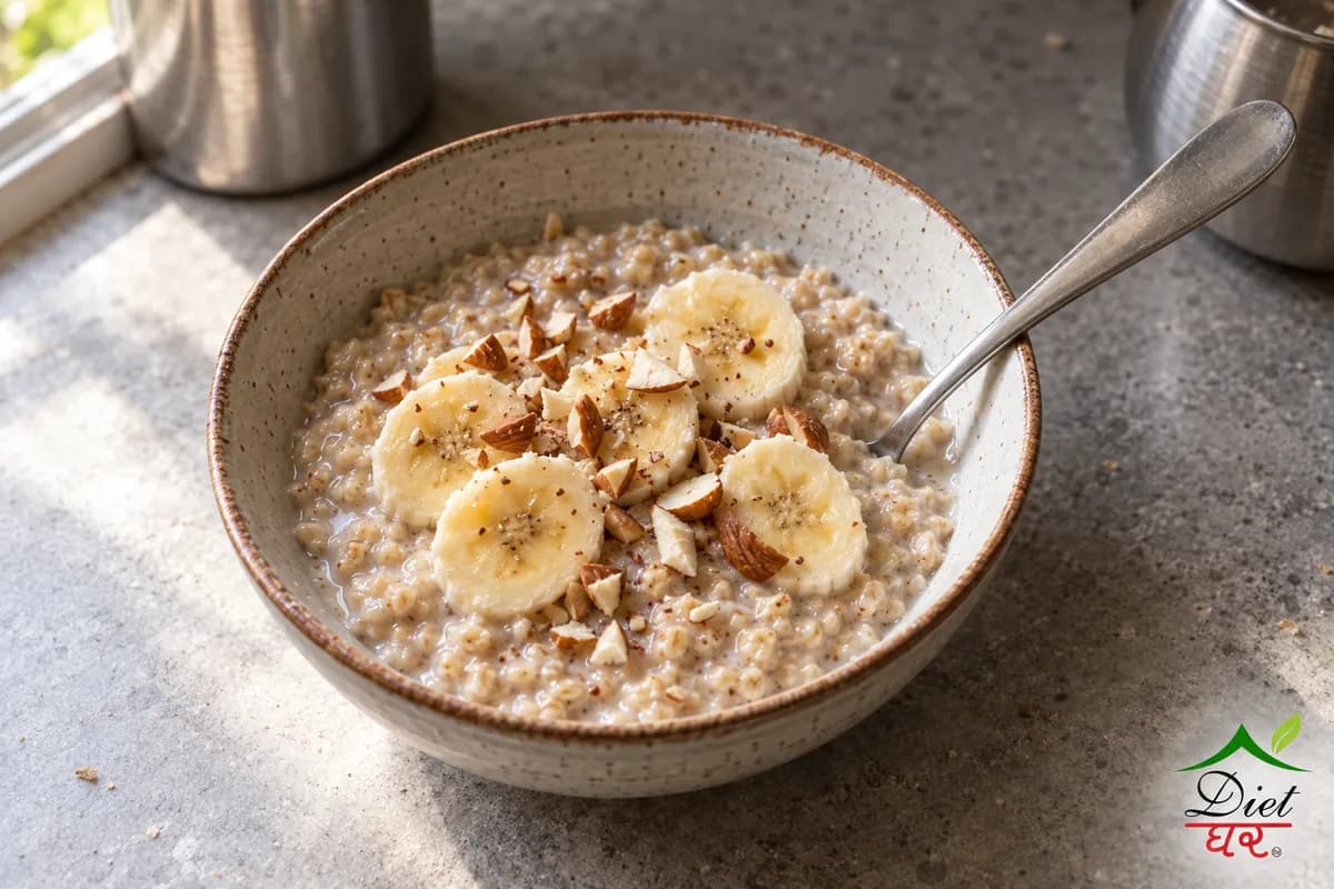 A ceramic bowl of oats porridge with banana slices and chopped almonds