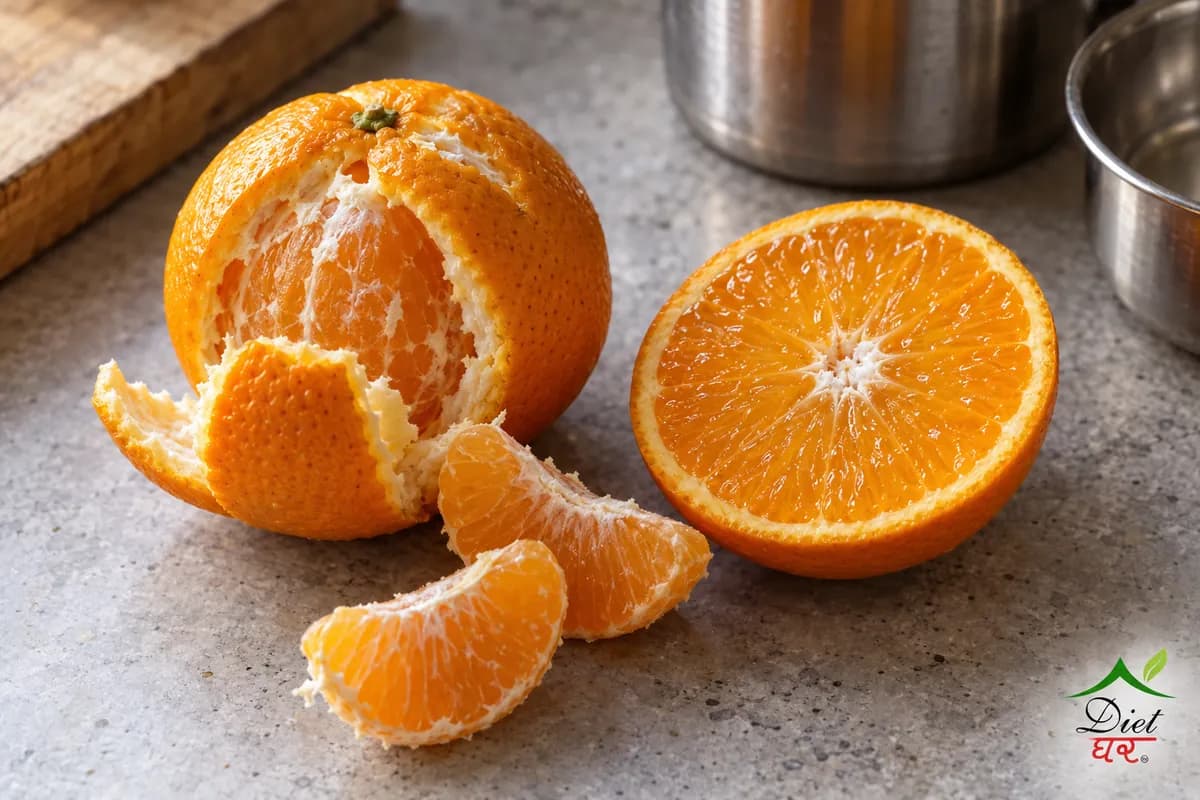 Orange, photographed as one orange, in a home kitchen