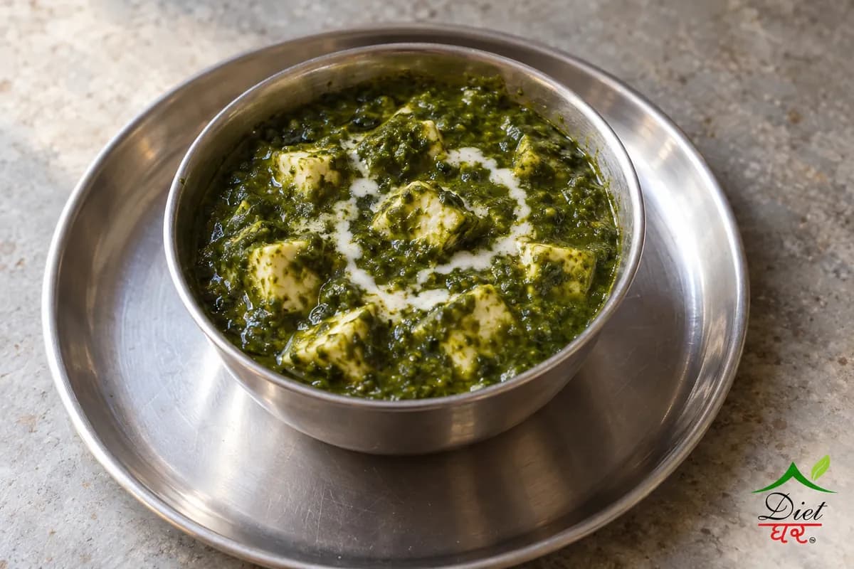 Palak paneer, photographed as one steel katori of palak paneer, in a home kitchen