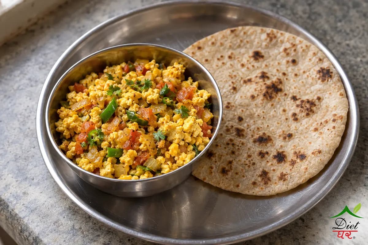 Paneer bhurji, photographed as one steel katori of paneer bhurji, in a home kitchen