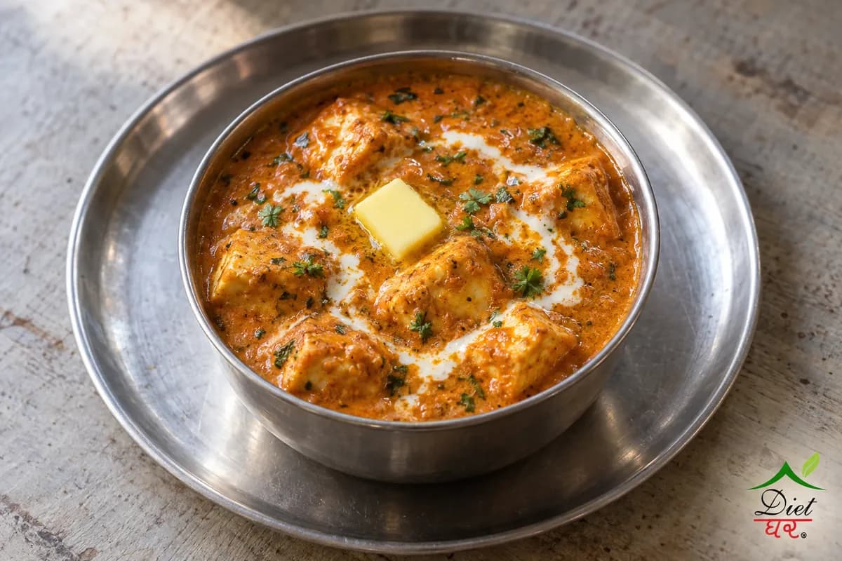 Paneer butter masala, photographed as one steel katori of paneer butter masala, in a home kitchen