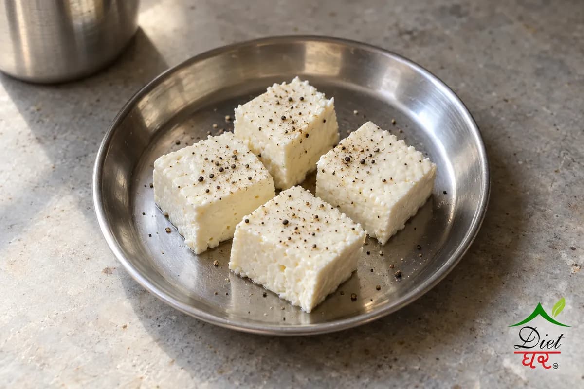 Paneer cubes sprinkled with black pepper on a steel plate