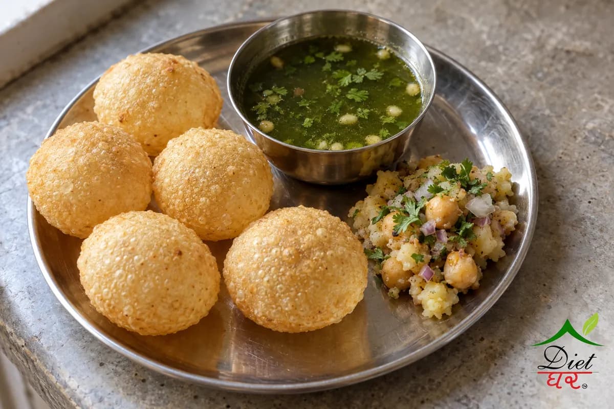 Pani puri, photographed as six crisp round puri, in a home kitchen