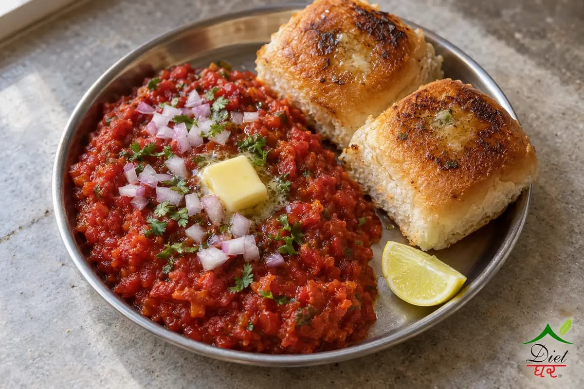 Pav bhaji: red mashed vegetable bhaji with butter and two toasted pav on a steel plate