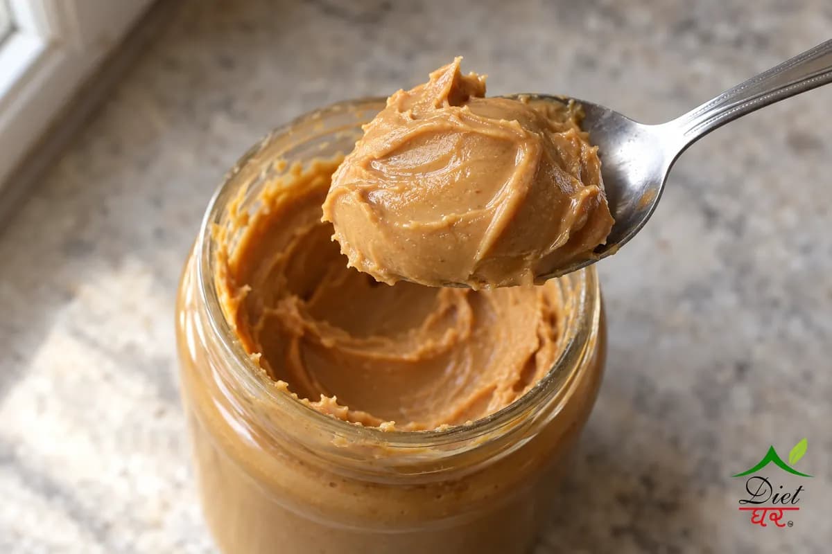 A spoonful of peanut butter above an open jar