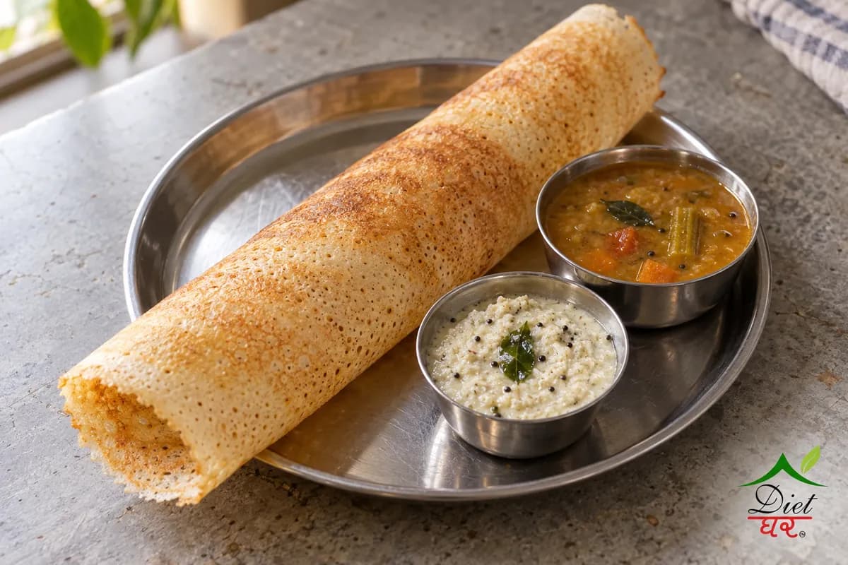 A crispy rolled plain dosa with coconut chutney and sambar