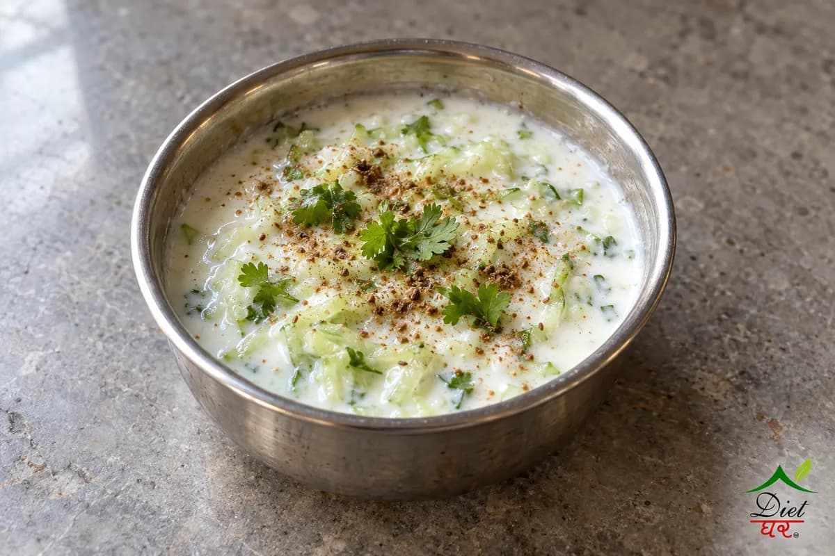 Vegetable raita, photographed as one steel katori of vegetable raita, in a home kitchen