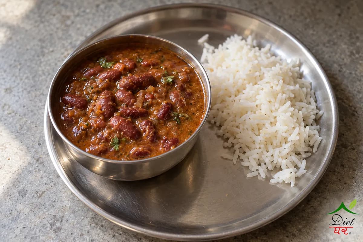 Rajma masala, photographed as one steel katori of rajma masala, in a home kitchen