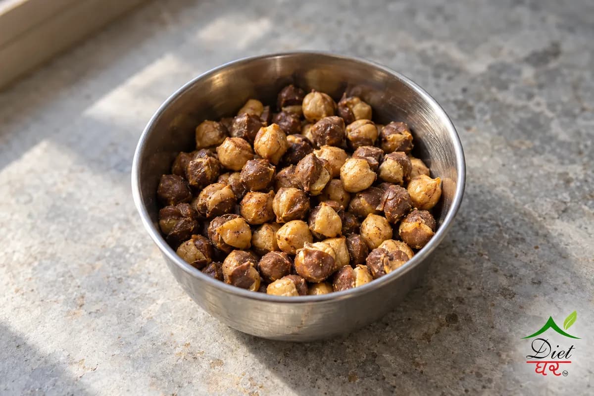 Roasted chana in a small steel bowl