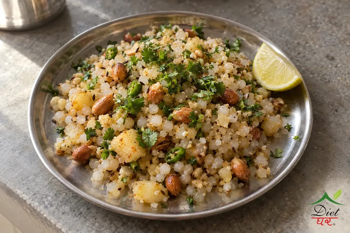 Sabudana khichdi with peanuts and green chilli on a steel plate