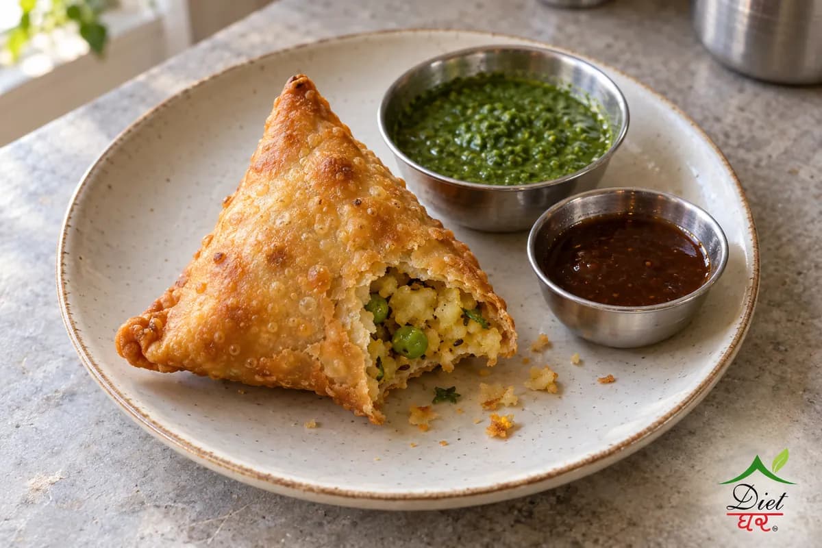 Samosa, photographed as one golden triangular samosa, in a home kitchen