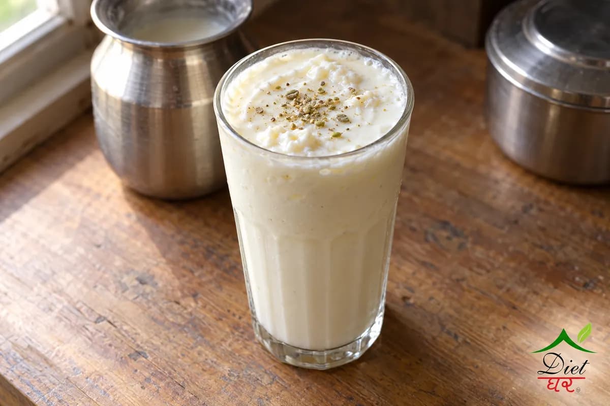 Sweet lassi, photographed as one tall glass of thick sweet lassi, in a home kitchen