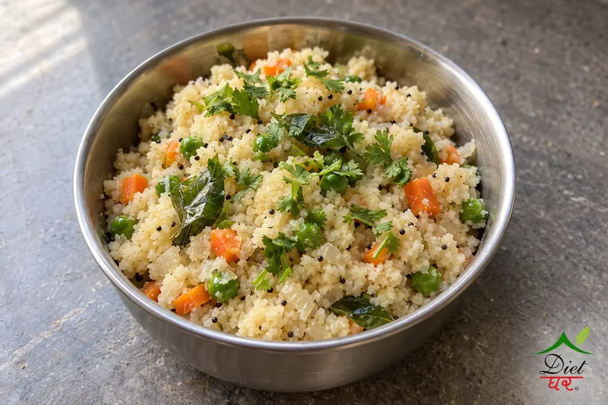 Rava upma with carrot, peas and curry leaves in a steel bowl