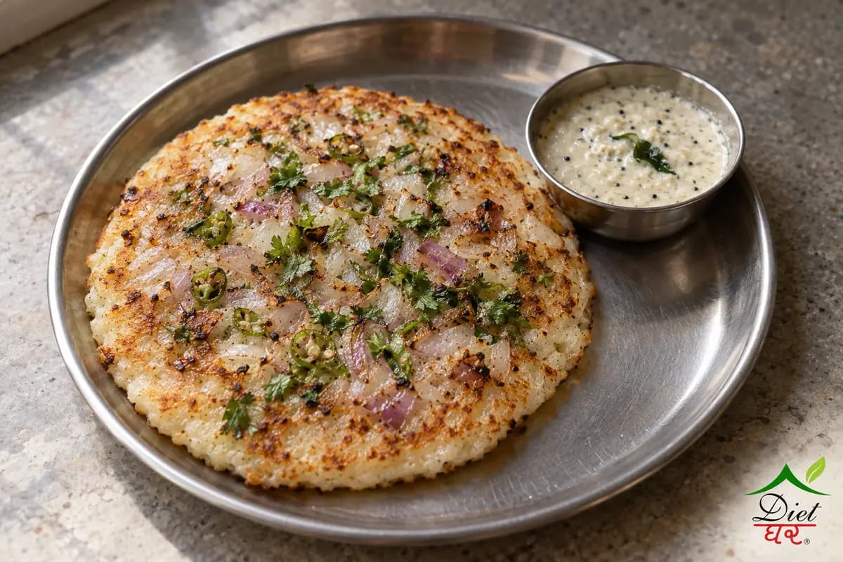 Onion uttapam, photographed as one thick onion uttapam, in a home kitchen