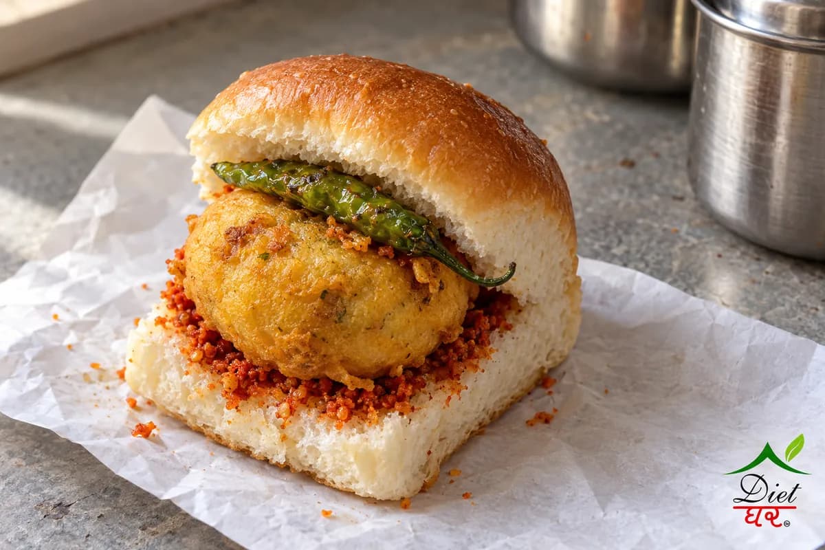 Vada pav, photographed as one vada pav, in a home kitchen
