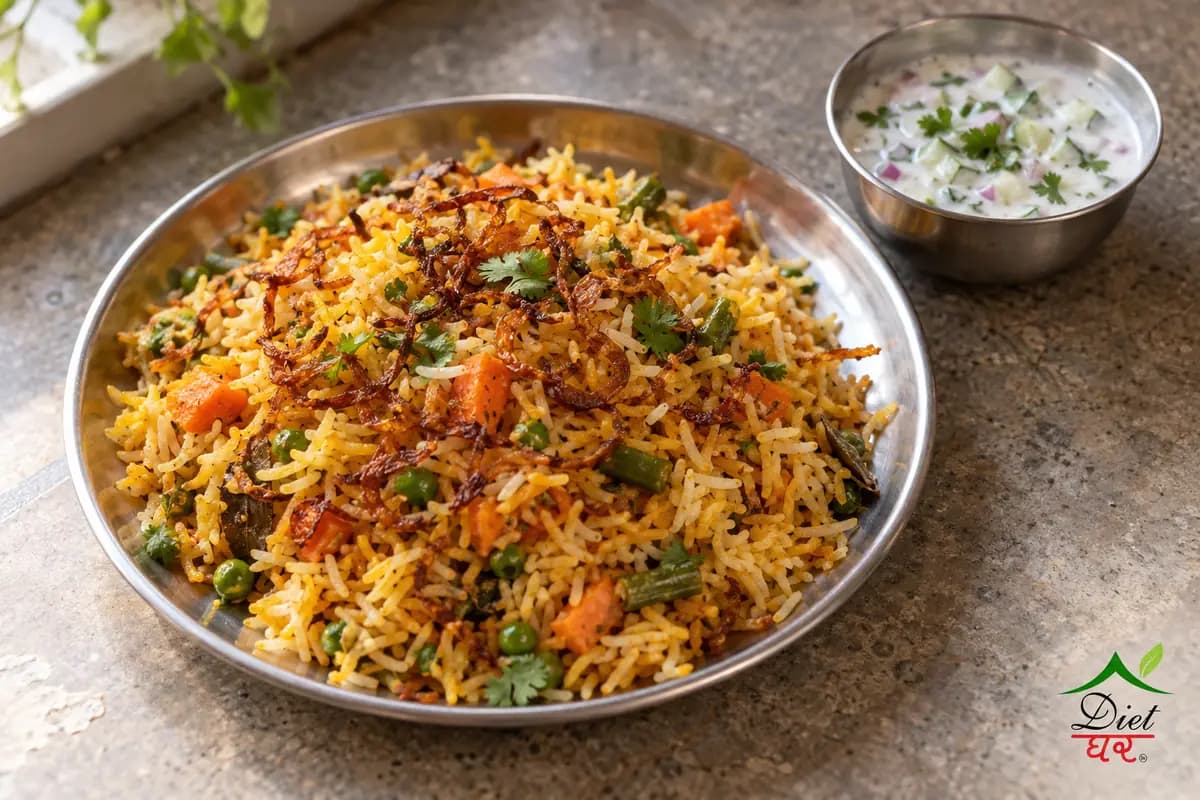 A plate of vegetable biryani with fried onions and a small bowl of raita