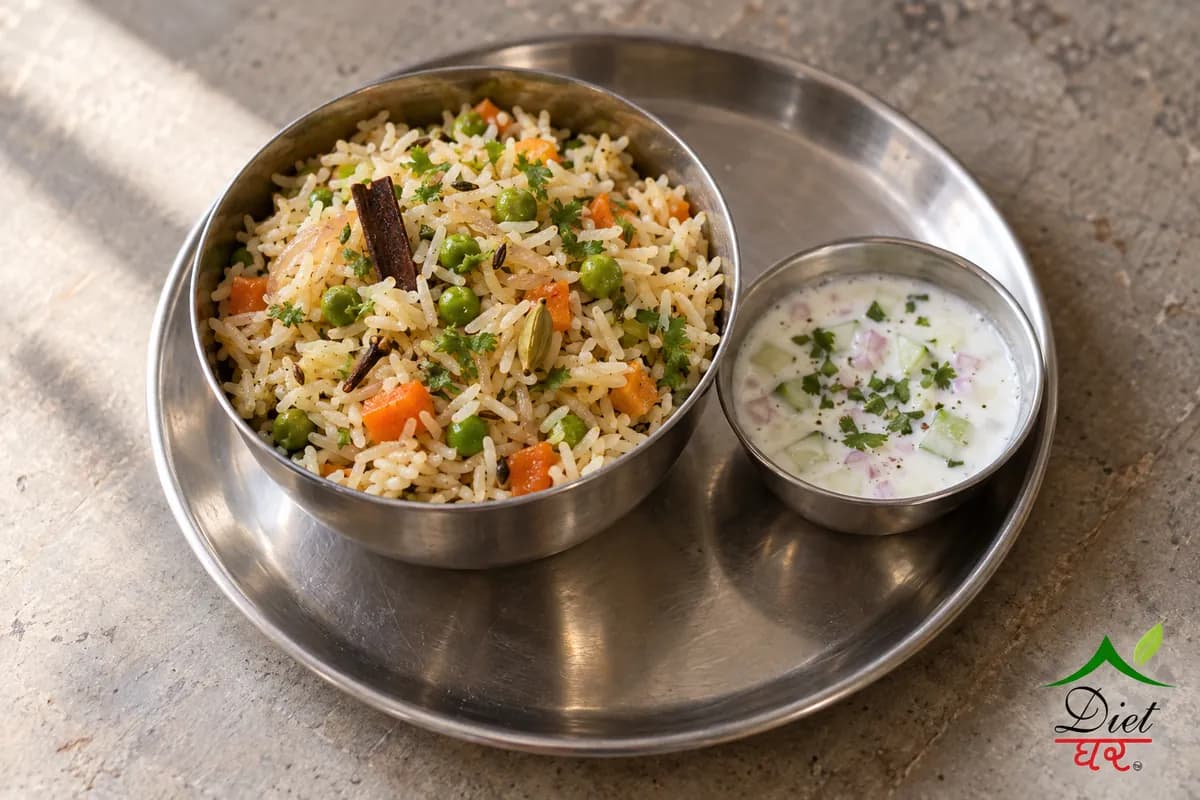 Vegetable pulao, photographed as one steel katori of vegetable pulao, in a home kitchen