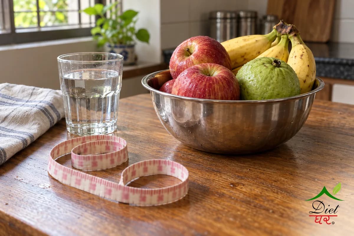 A measuring tape coiled on a wooden table next to a steel bowl of apples, guava and bananas