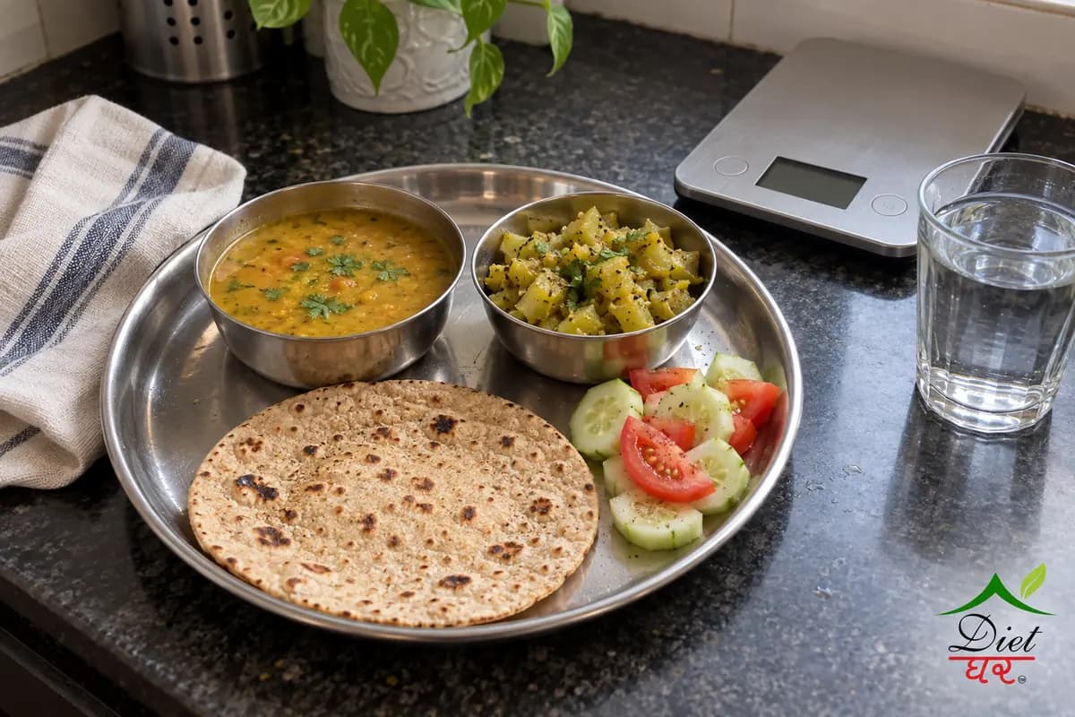 A light Indian thali with one roti, dal, lauki sabzi and salad, with a kitchen scale and a glass of water behind it