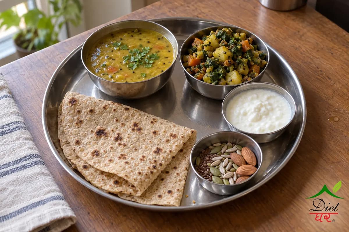 An Indian thali with dal, spinach and vegetable sabzi, rotis, curd and a small bowl of seeds and almonds