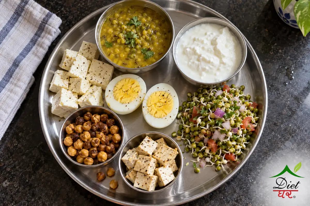 A steel plate of Indian protein foods: paneer, boiled eggs, moong dal, curd, sprouts, roasted chana and tofu