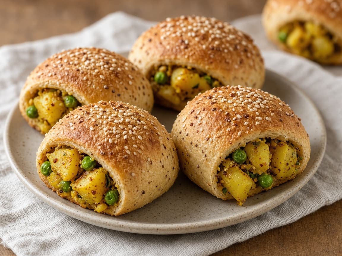 Baked Millet Bread Rolls with Spiced Pea-Potato Filling