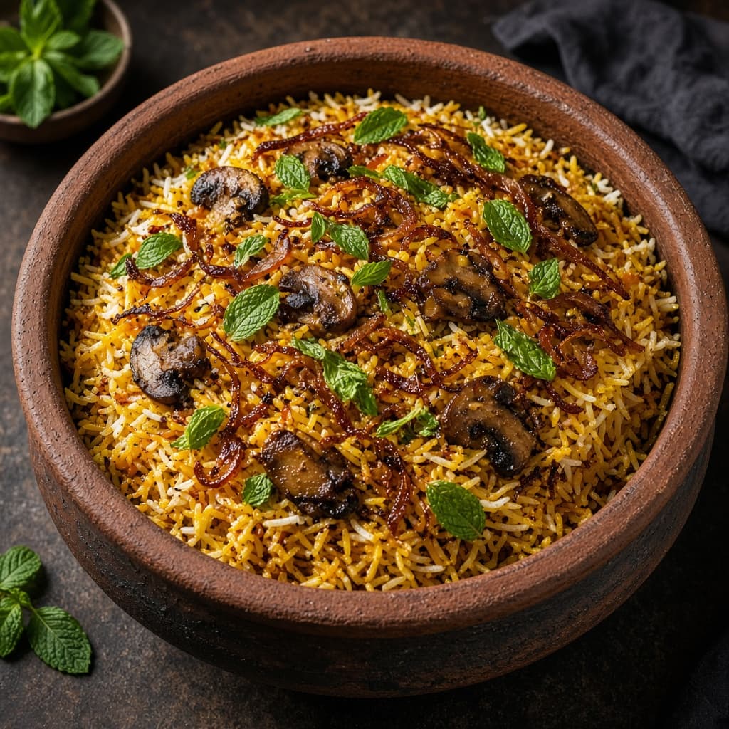 South Indian Mushroom Dum Biryani