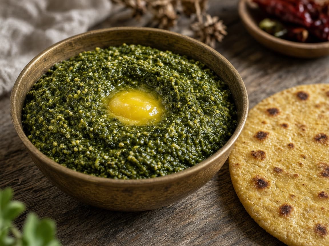 Winter Sarson ka Saag with Makki Flour Finish